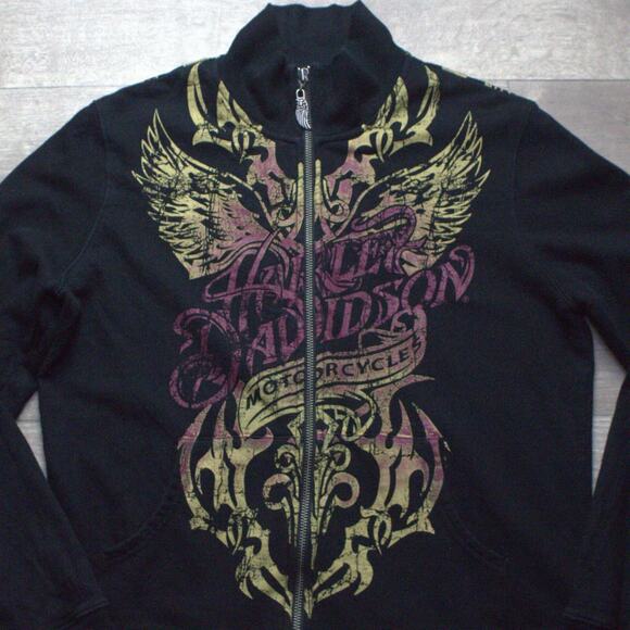 Vtg Harley-Davidson Women Sweatshirt L Black Wings Logo Graphic Full Zip Heart - Picture 1 of 6